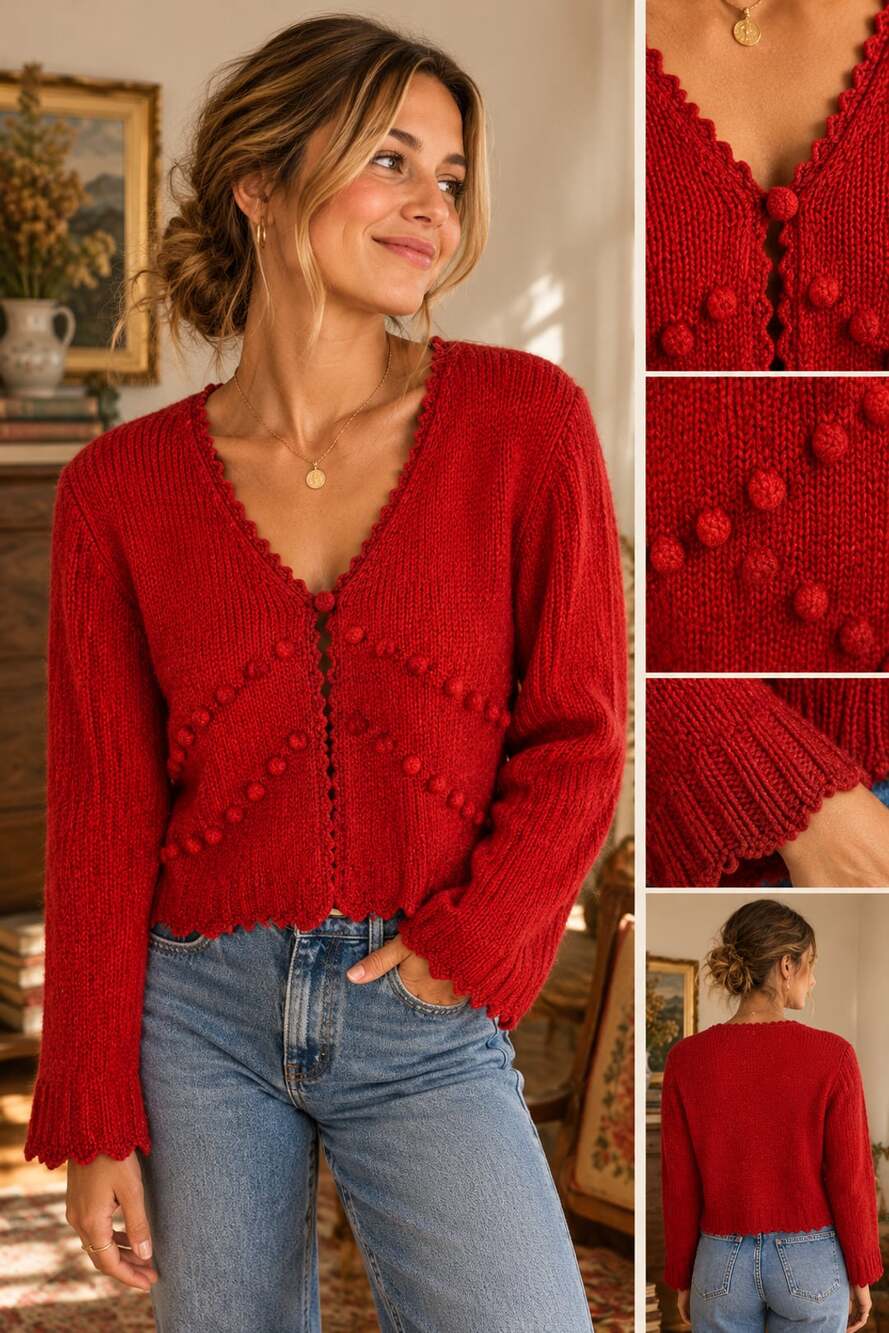 Vintage Baluchi Red Popcorn Knit Cardigan Sweater Scalloped Trim V-Neck M/L